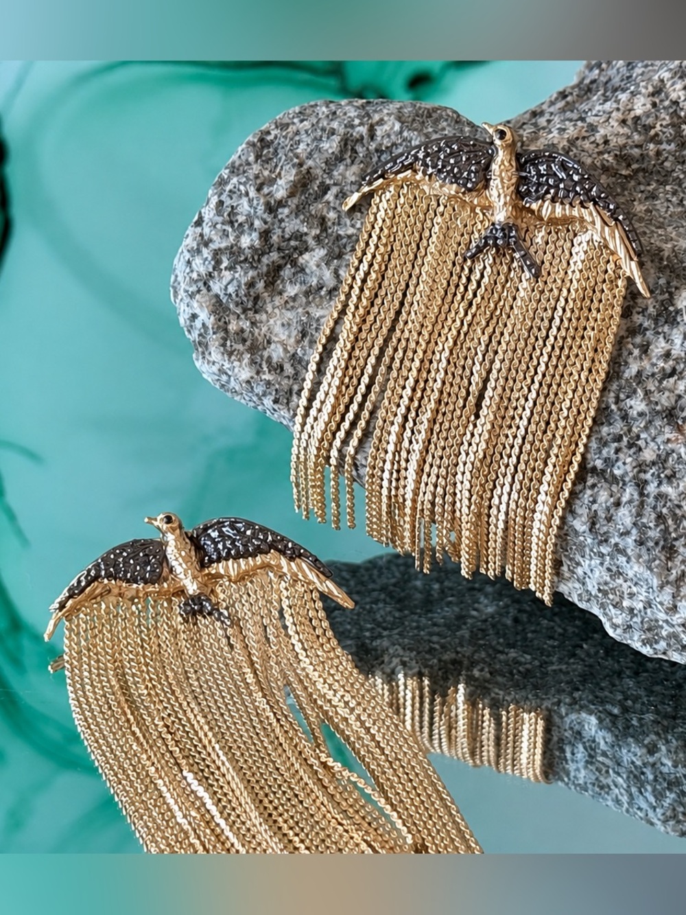Gold Tone Peacock Tassel Earrings Long Chain Statement Dangle Earrings